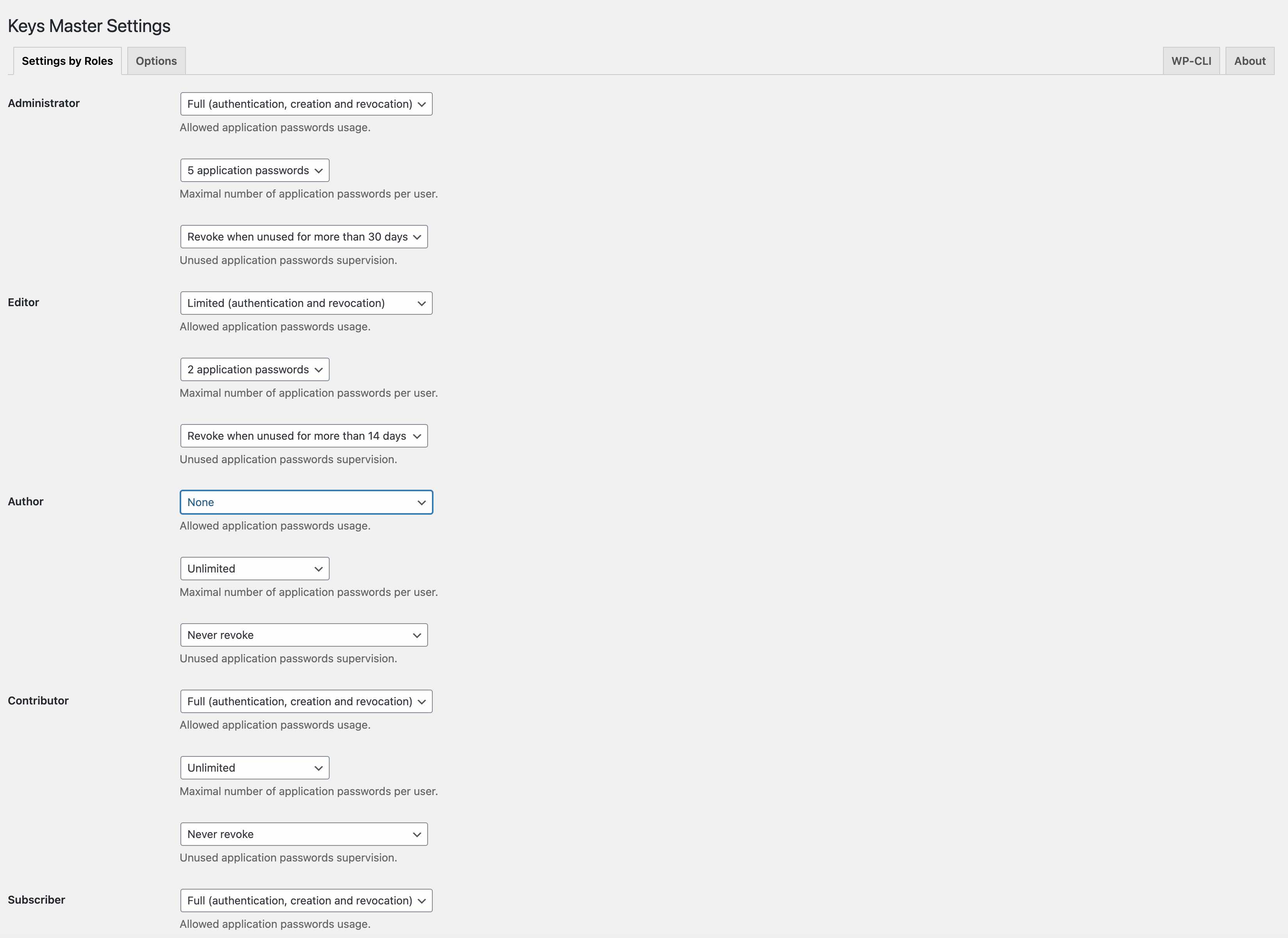 Application Passwords Options Per Roles
