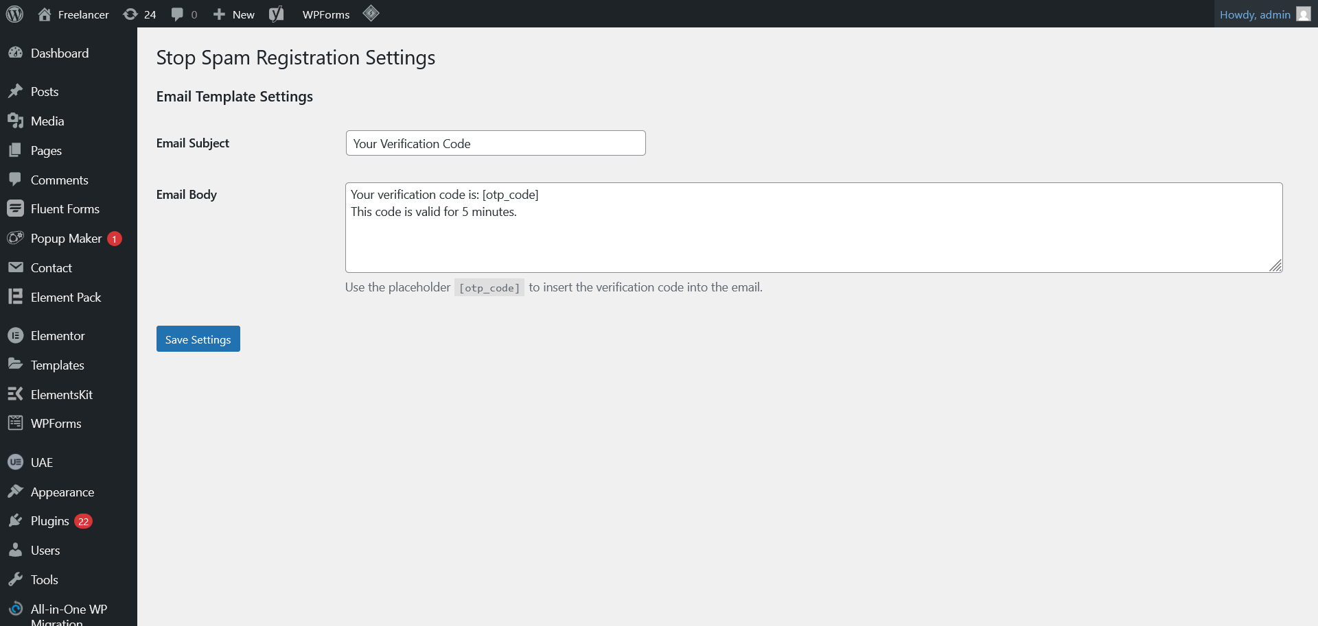 The simple settings page for customizing the verification email.