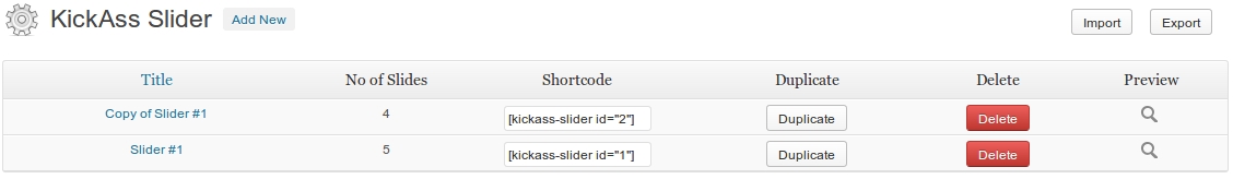 List sliders (backend).