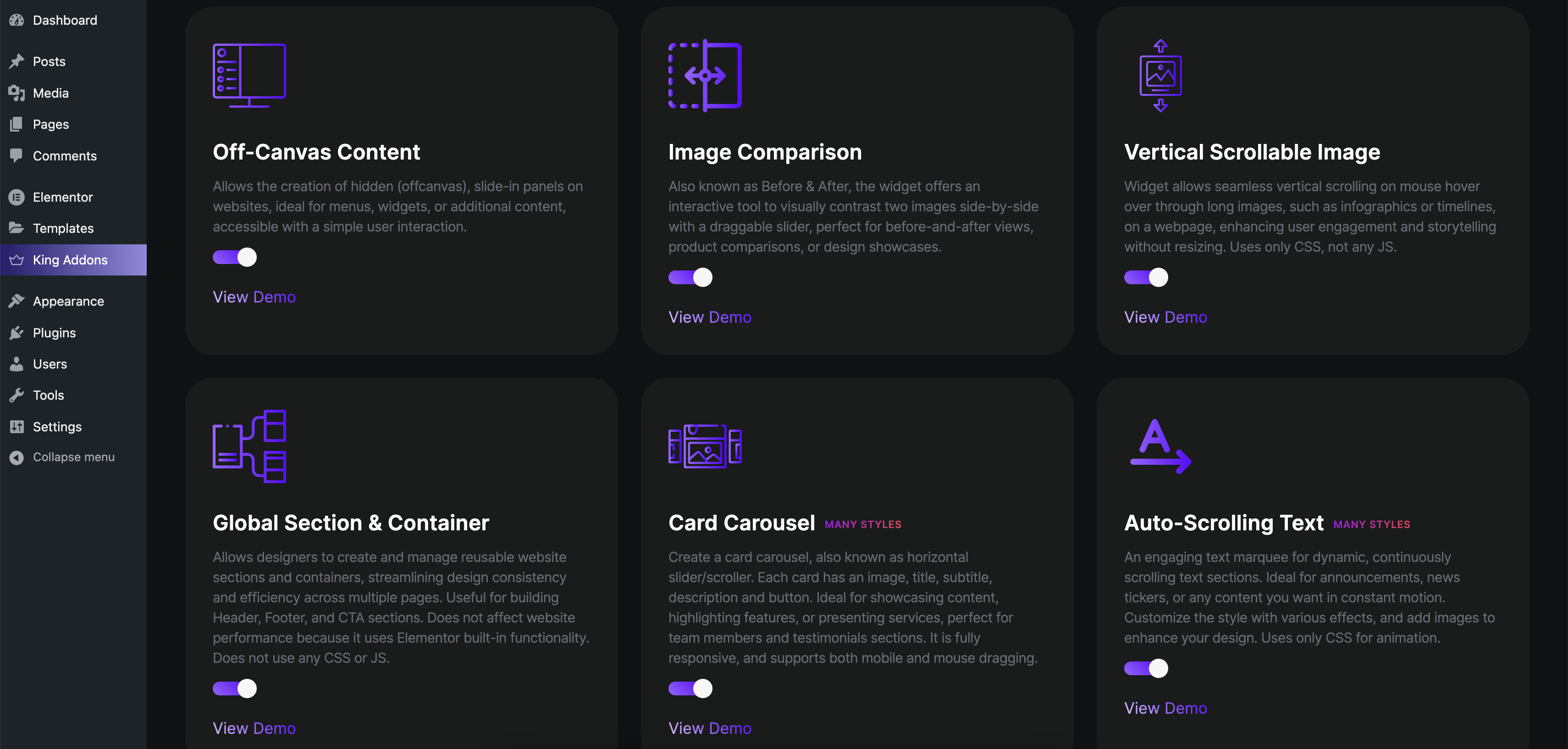 King Addons for Elementor - Dashboard