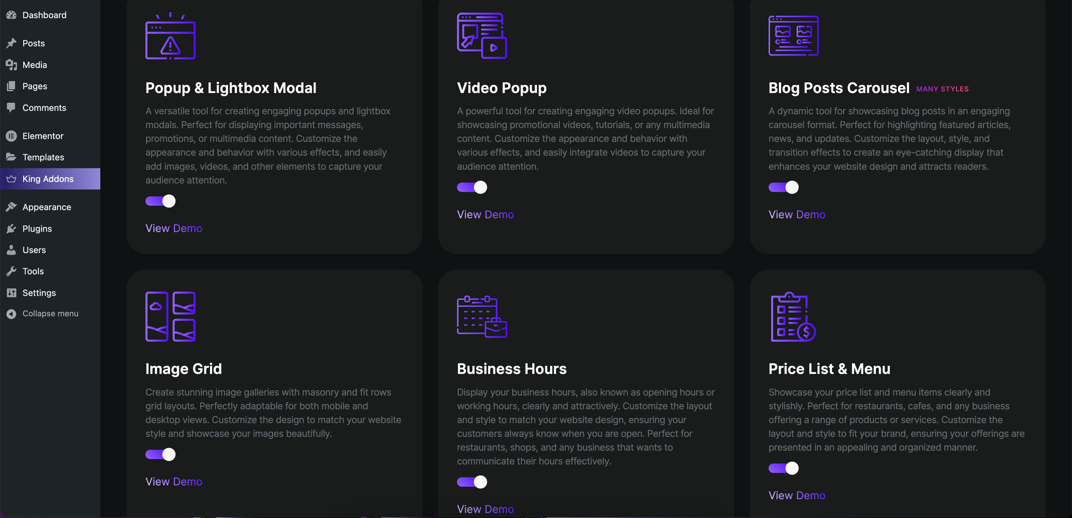 King Addons for Elementor - Dashboard
