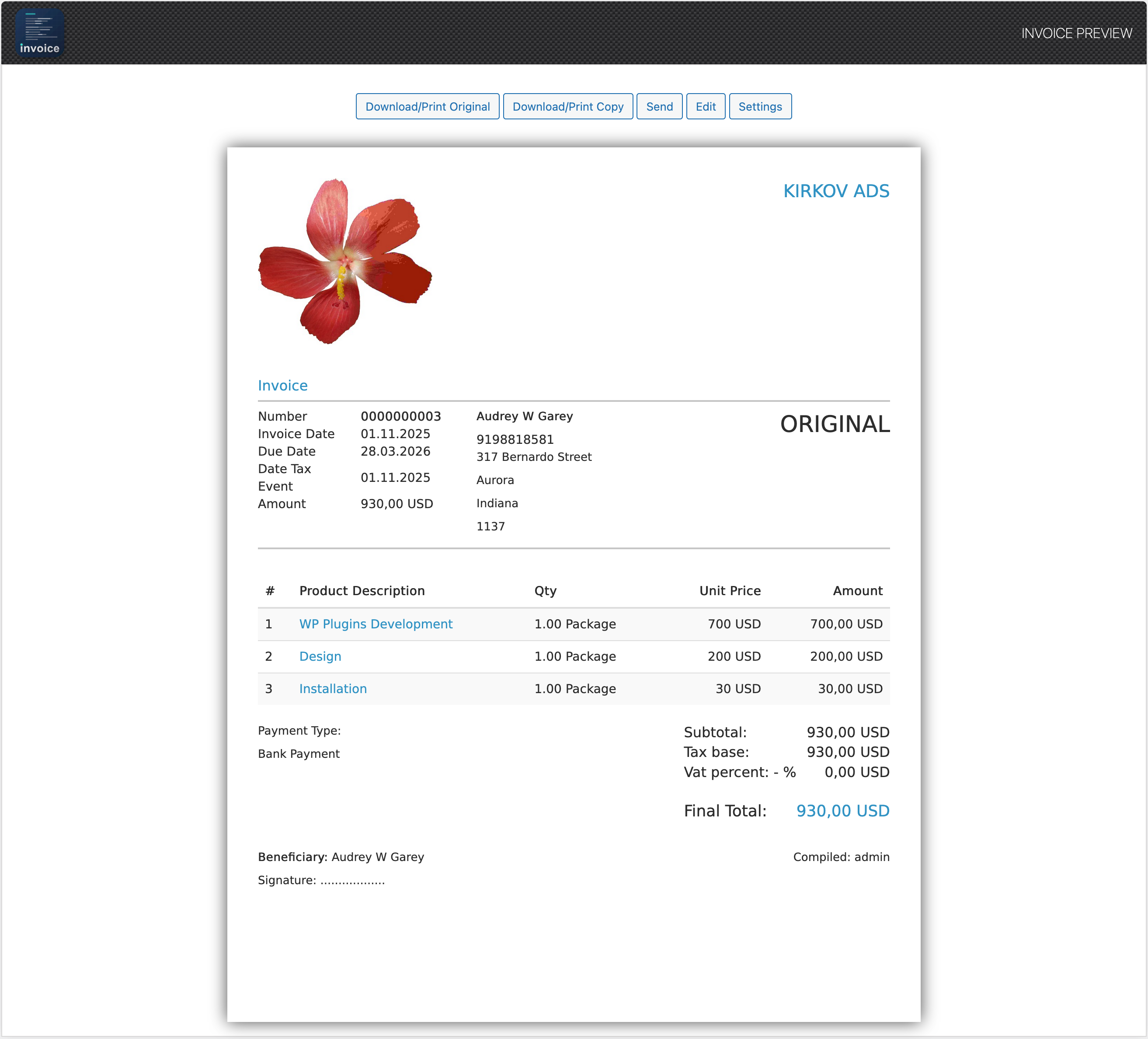 Invoice Preview Page - Professional templates and PDF generation.
