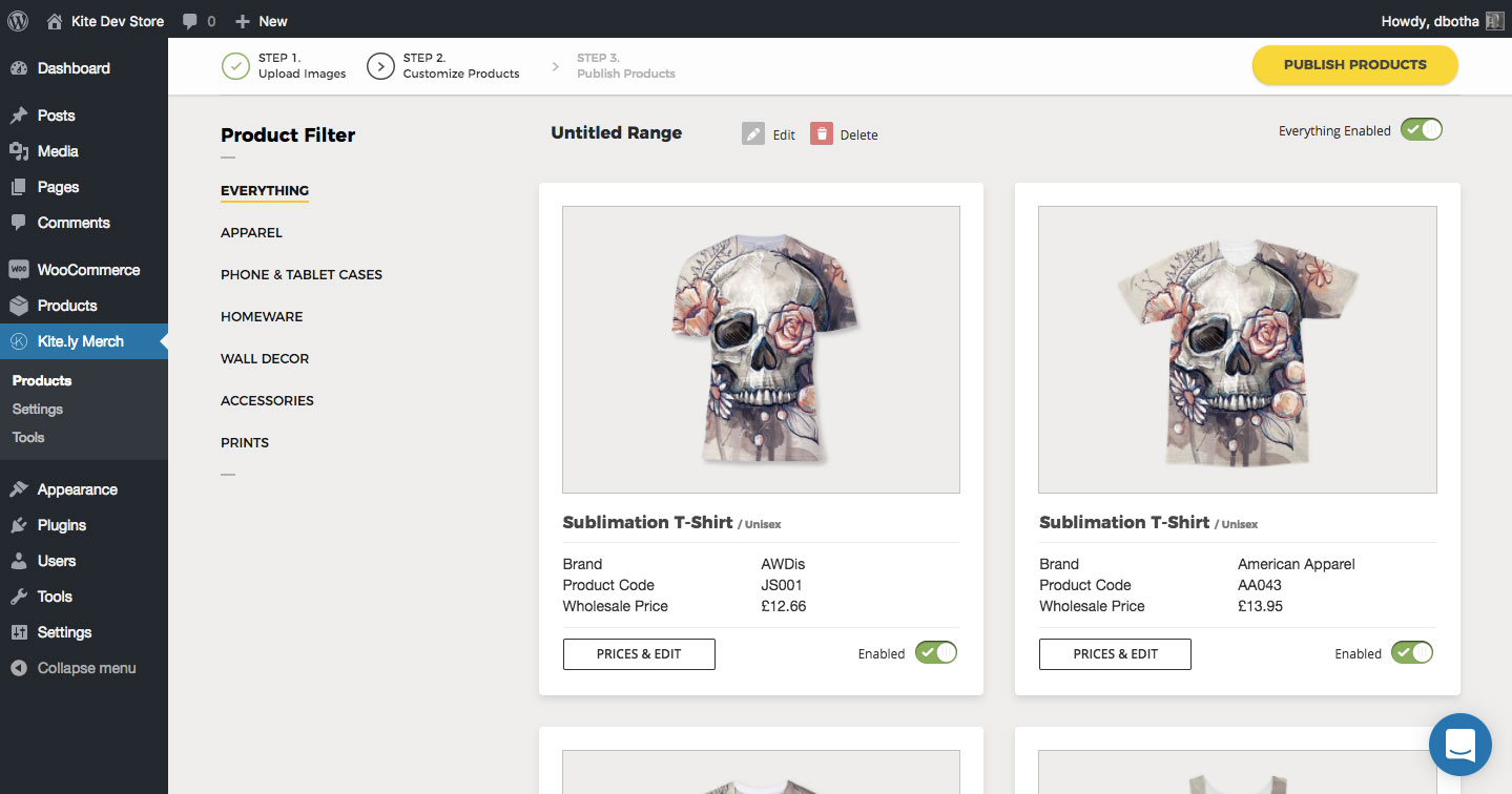 A preview of the product range that you can edit and publish to your store front
