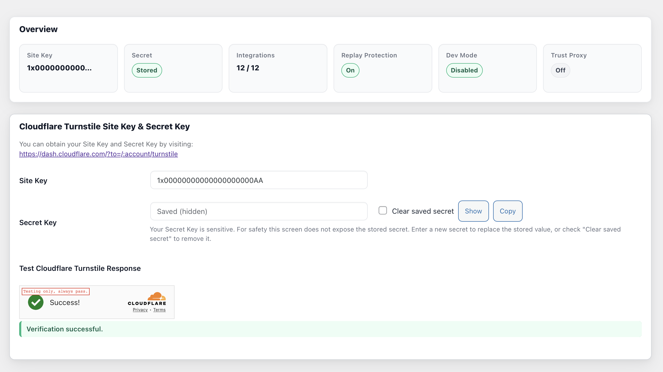 Security settings: replay protection, proxy trust configuration and whitelisting rules.