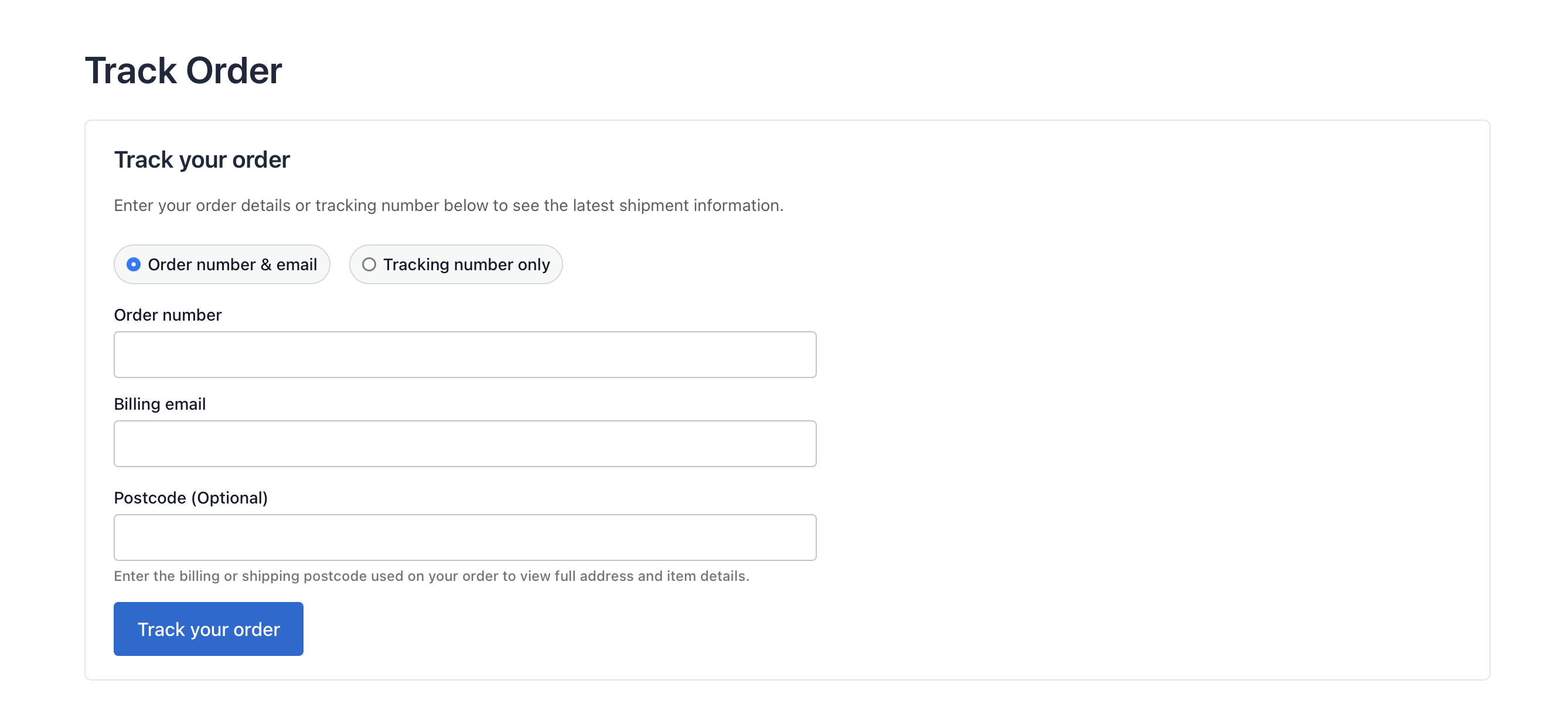 Public "Track Your Order" form where customers enter their order details.