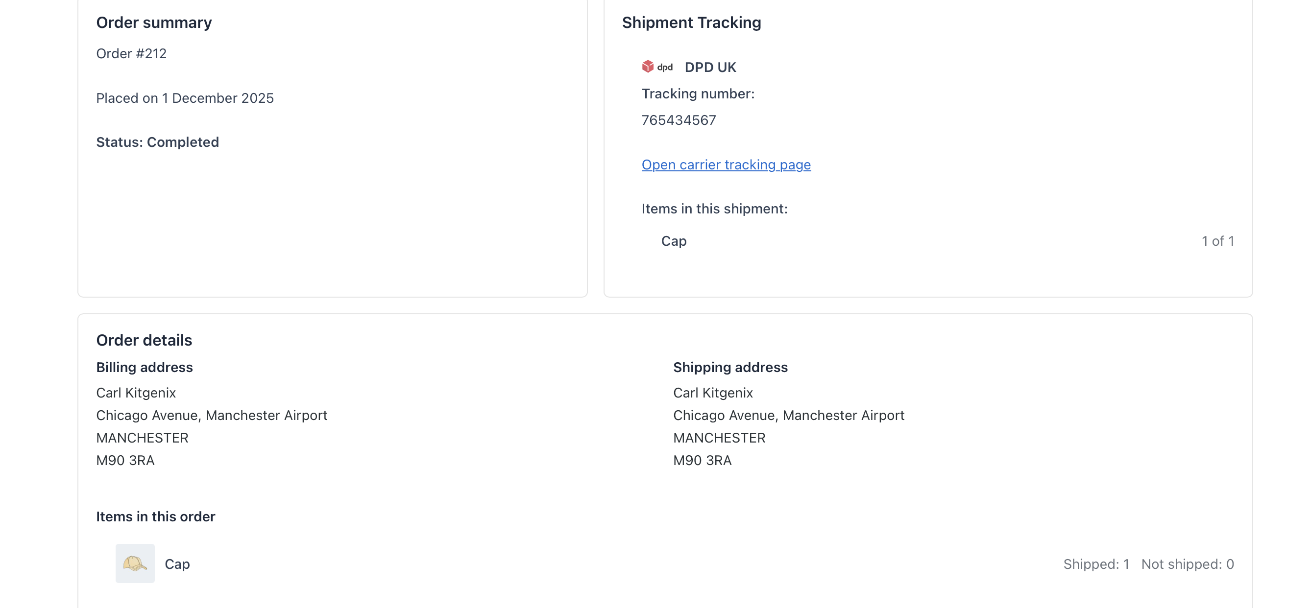 Tracking results with carrier logos, tracking numbers and direct links.