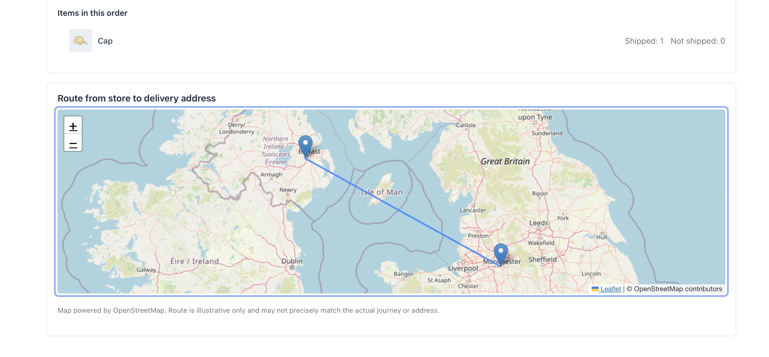 OpenStreetMap route map showing an approximate delivery route.
