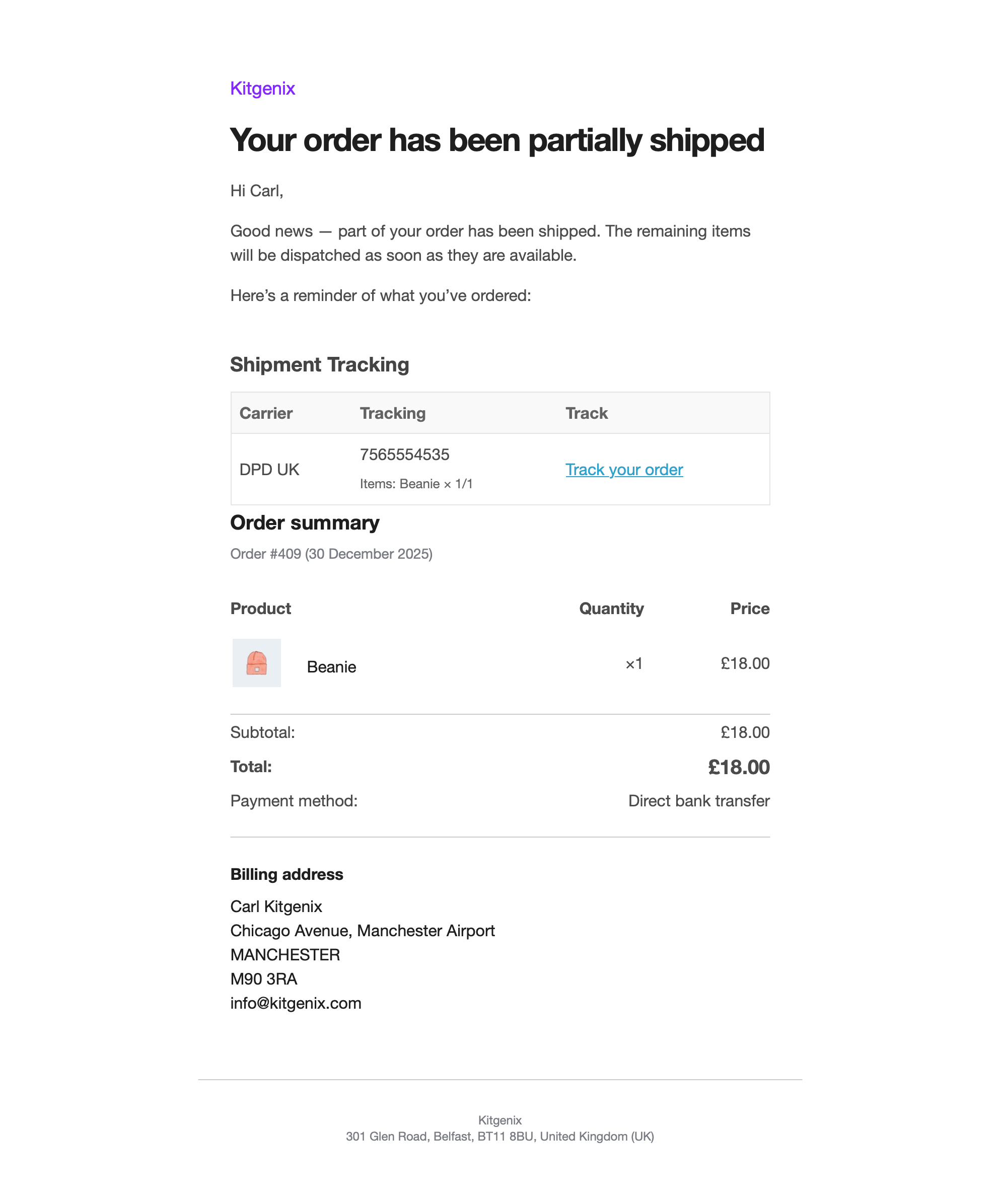Partially Shipped email: tracking shown alongside the shipped items context.