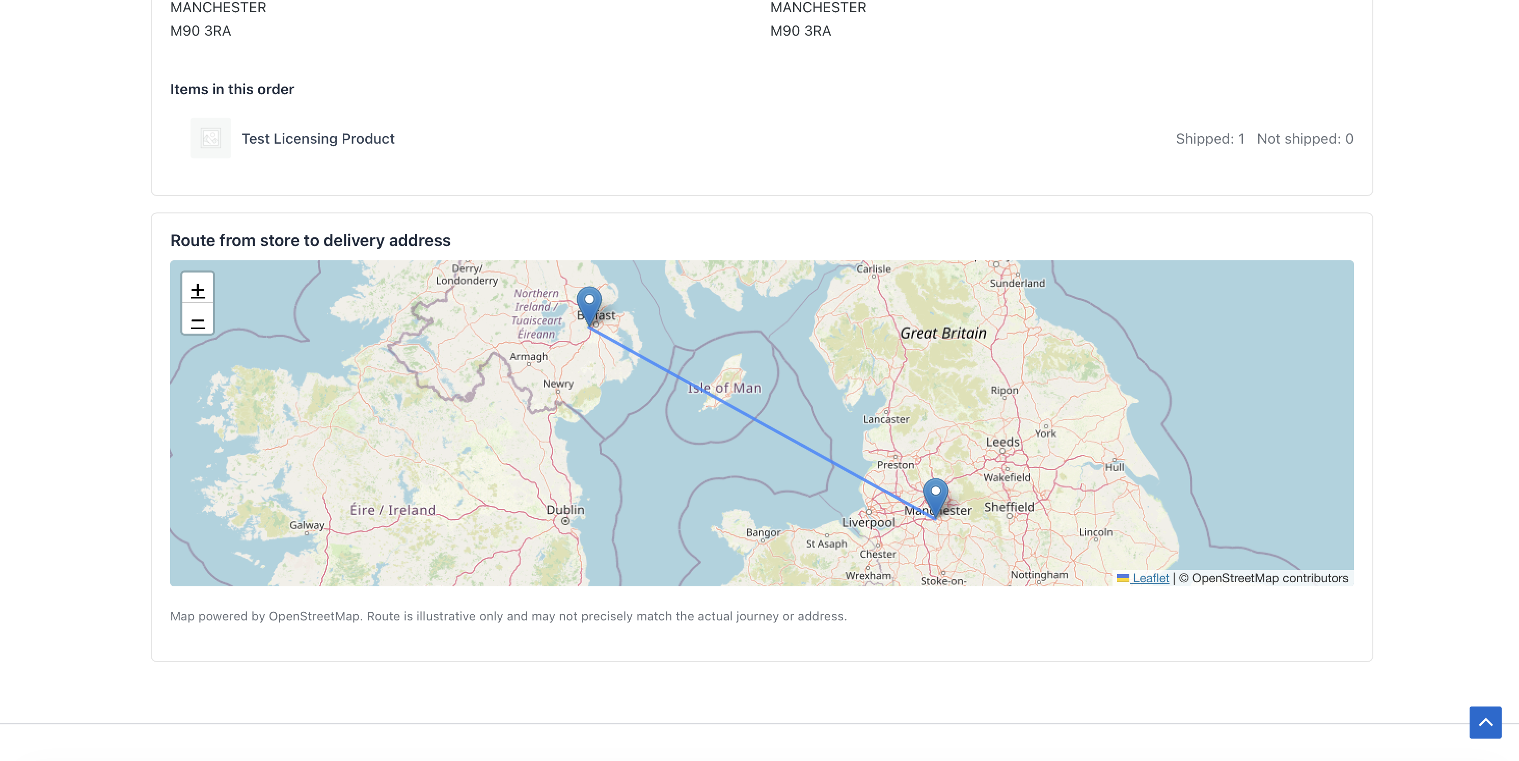 Optional route map: Leaflet + OpenStreetMap delivery route preview.