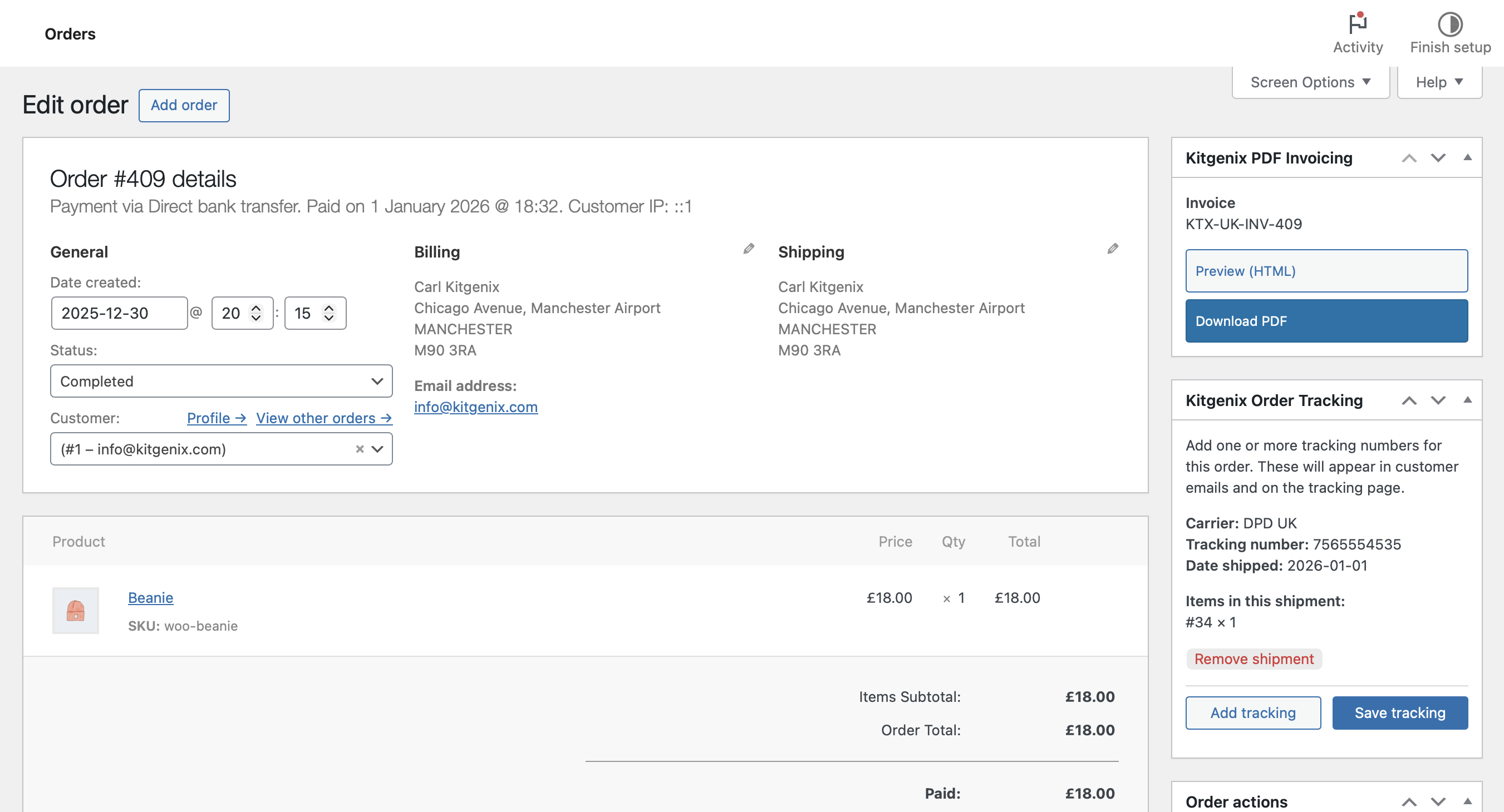 WooCommerce order screen: admin meta box with Preview (HTML) and Download PDF actions.