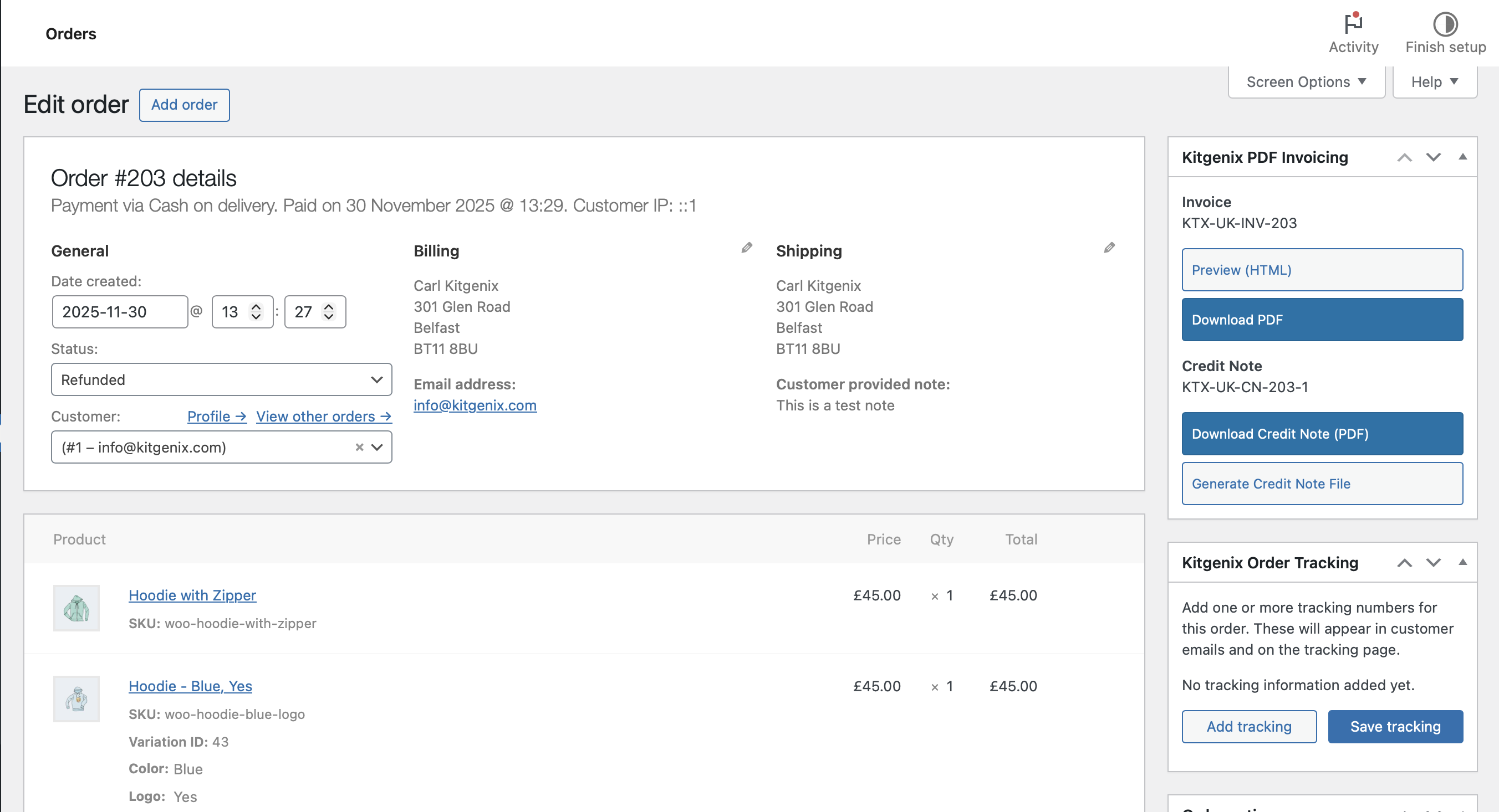 Credit note actions: shown when an order has refunds.