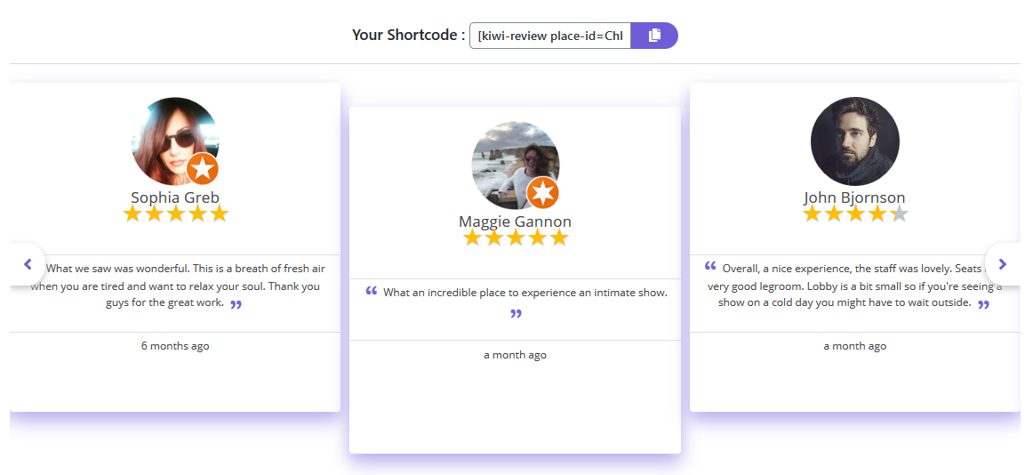 The generated shortcode and a preview of your reviews