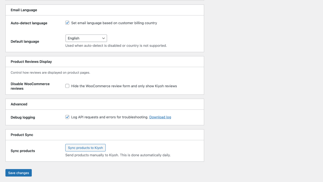 Settings page showing additional settings