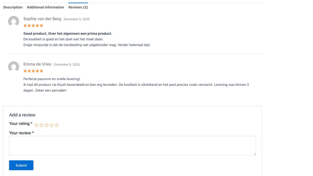 Product reviews display on product page