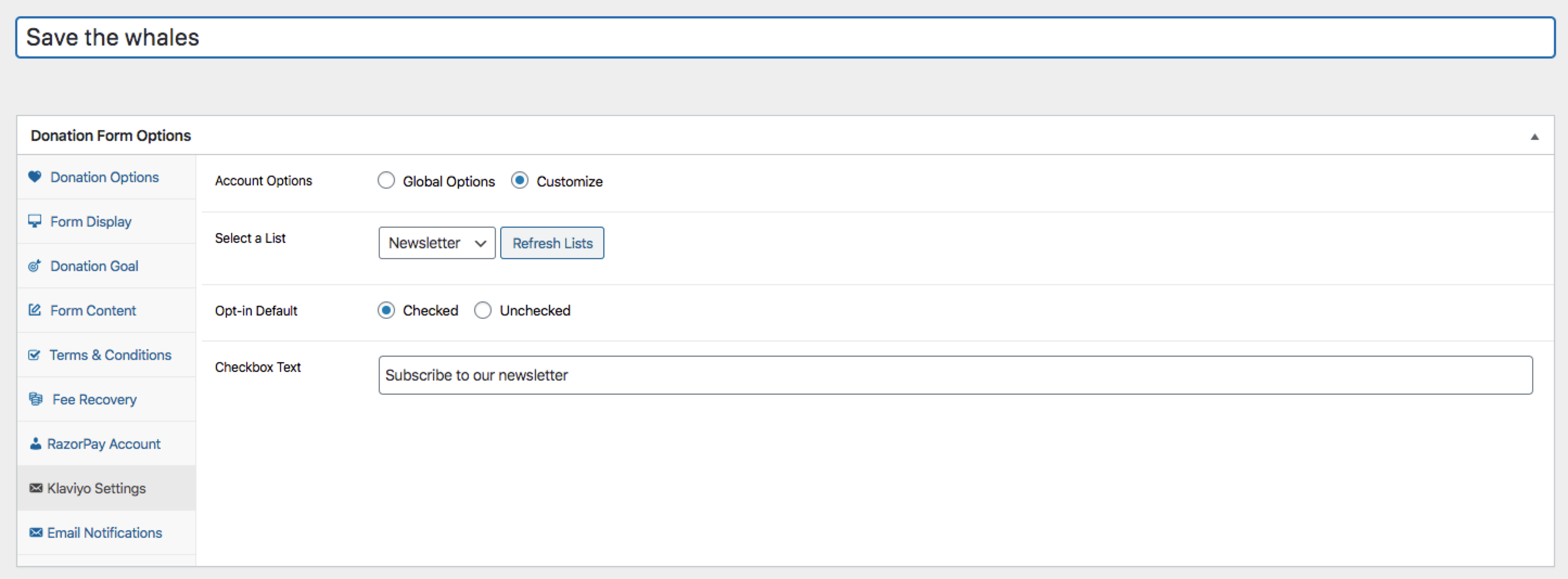 Global Settings screen for Klaive