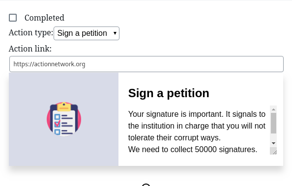 Screenshot of sign a petition editor options