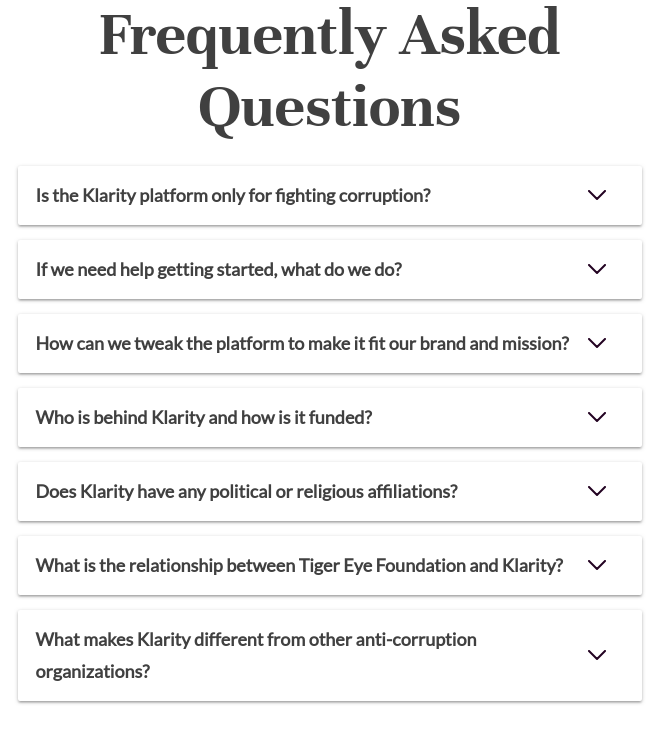 Screenshot of seven klarity question answers block, all closed.