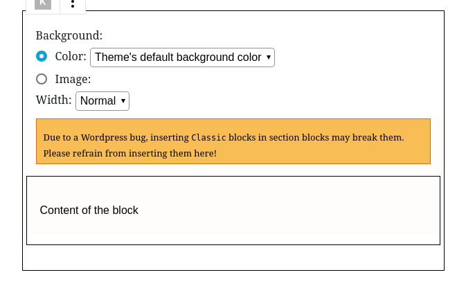 Screenshot of section block in editor