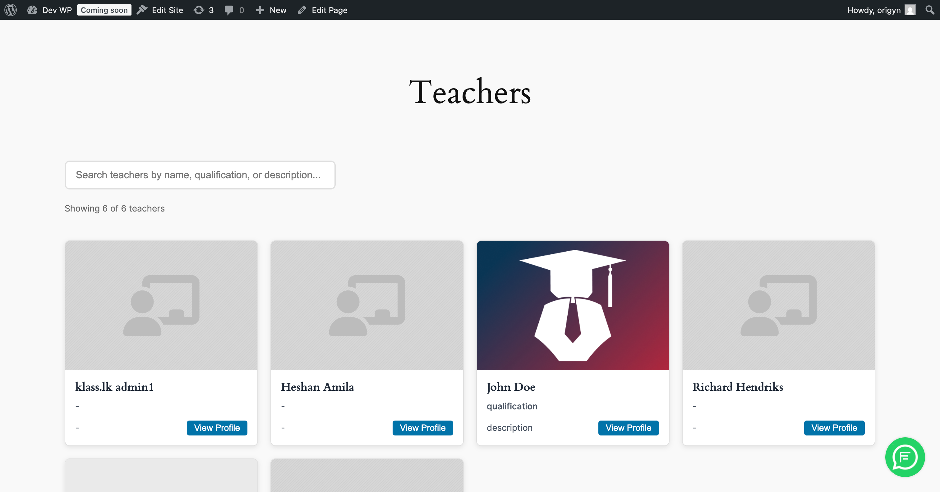 Teacher profiles with search capability