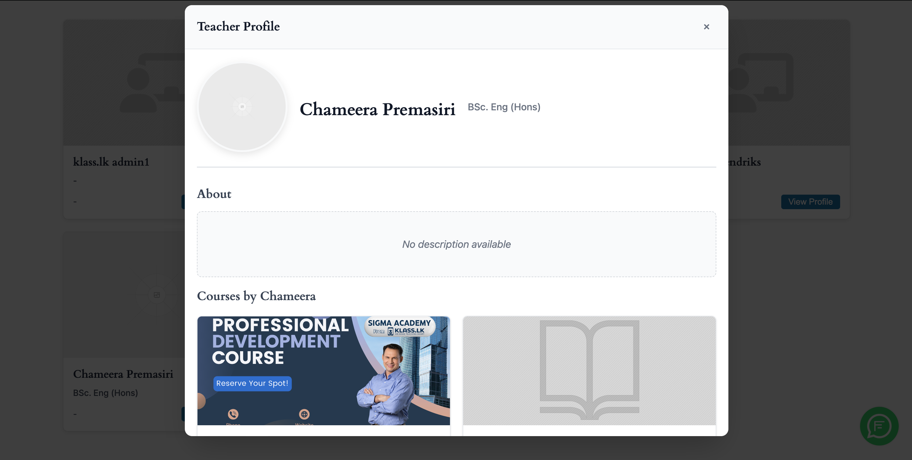 Teacher detail modal with course listings