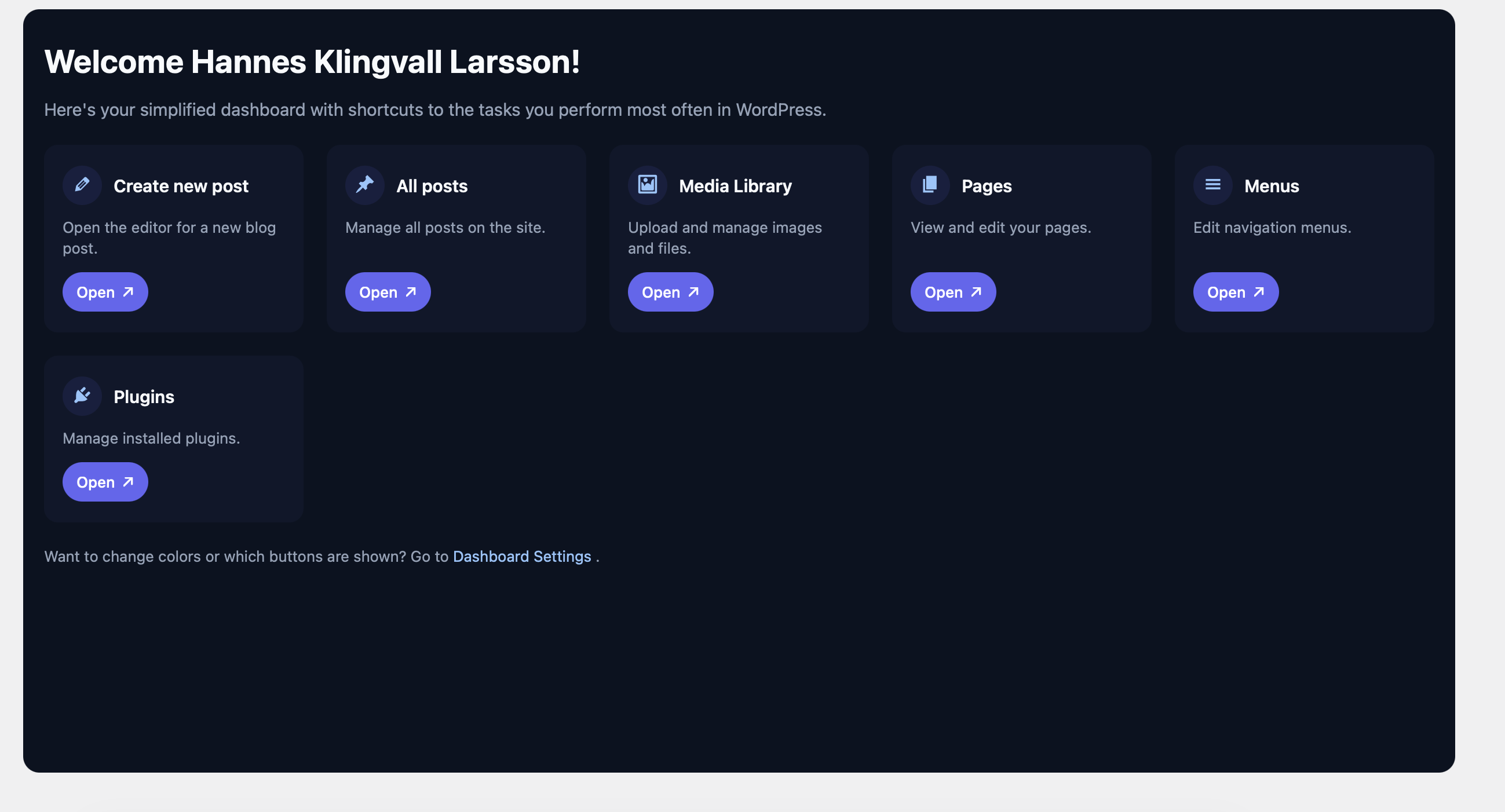 The custom dashboard in dark mode.