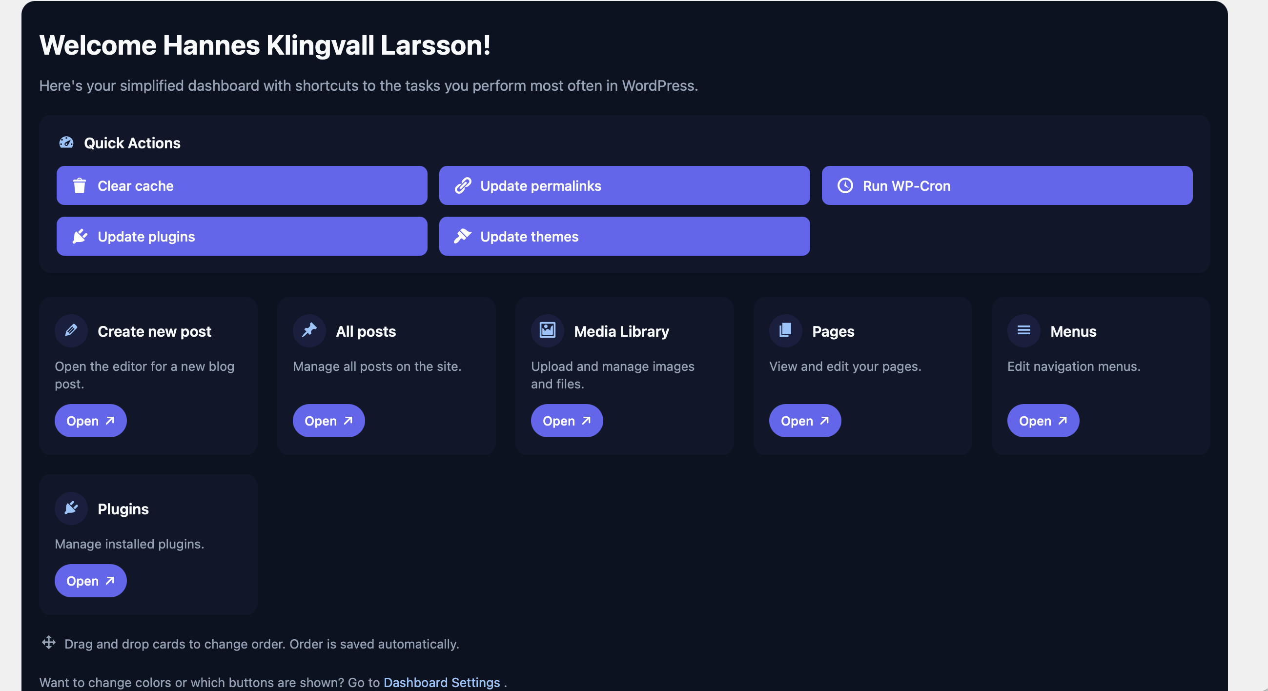 Pro version of the dashboard with the Quick Actions widget (clear cache, update plugins, run WP-Cron and more).