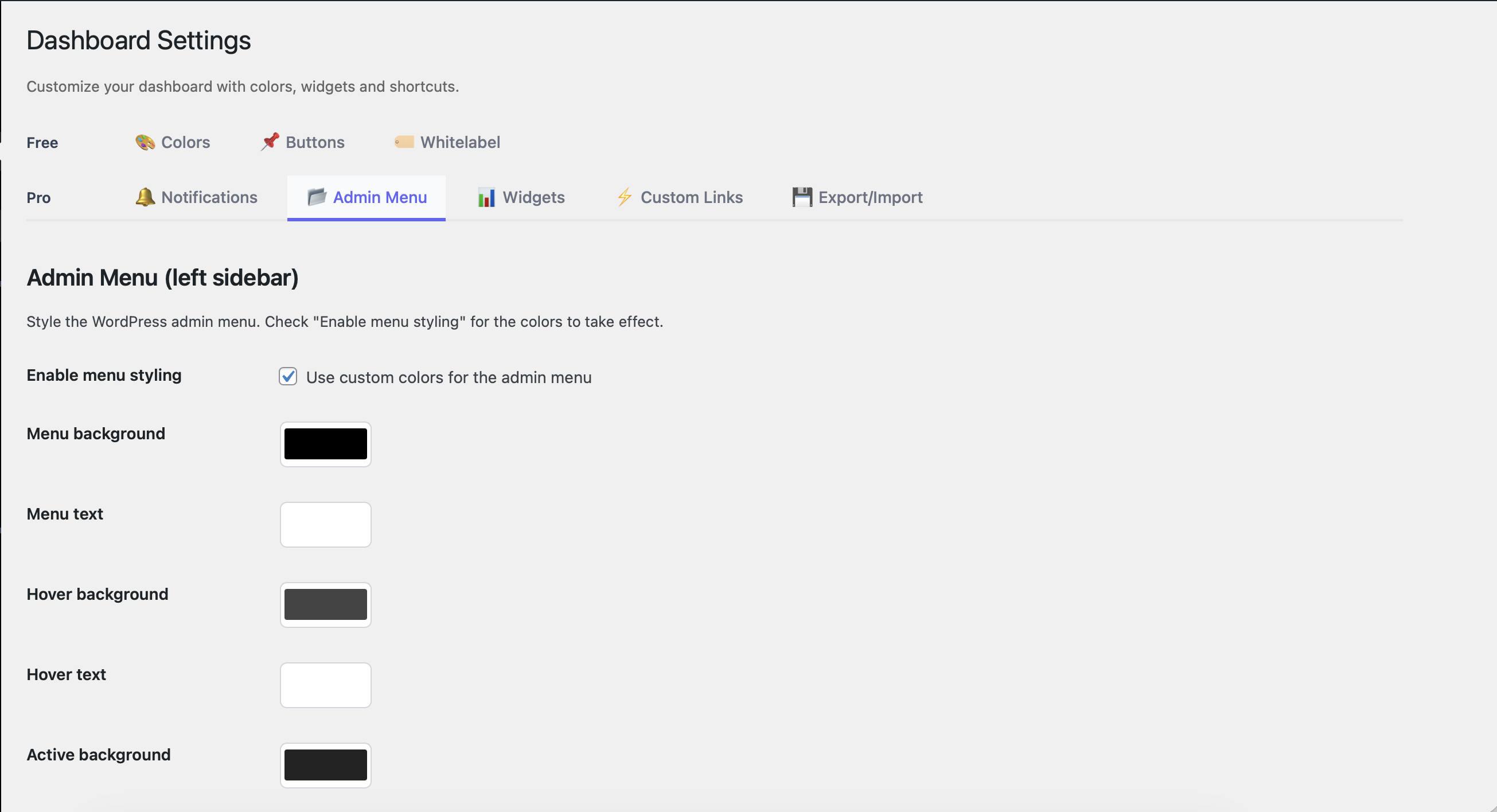 Pro settings — Admin Menu tab for customizing the WordPress sidebar colors.