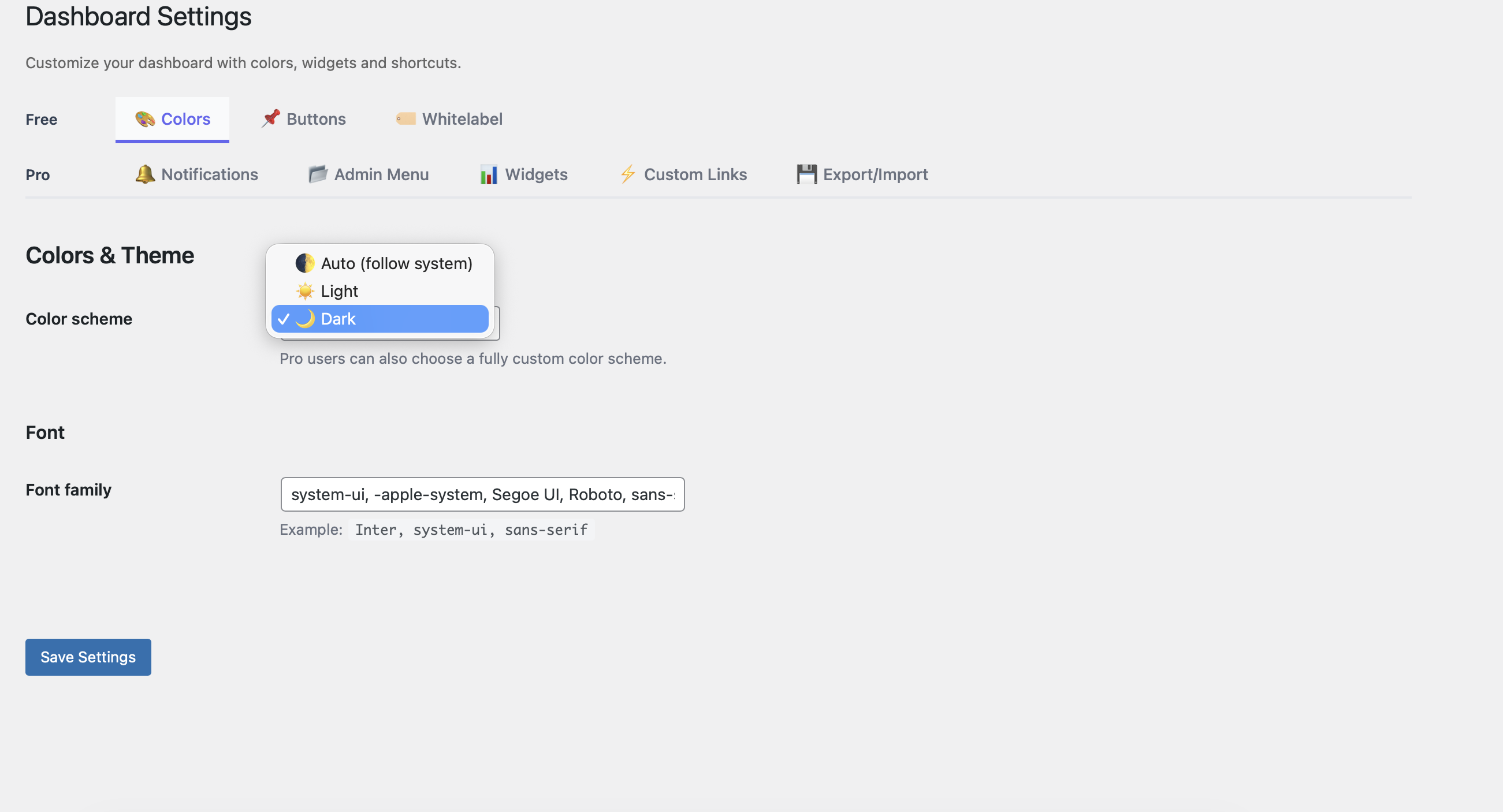 Free settings — Colors tab with light, dark and auto color scheme options.
