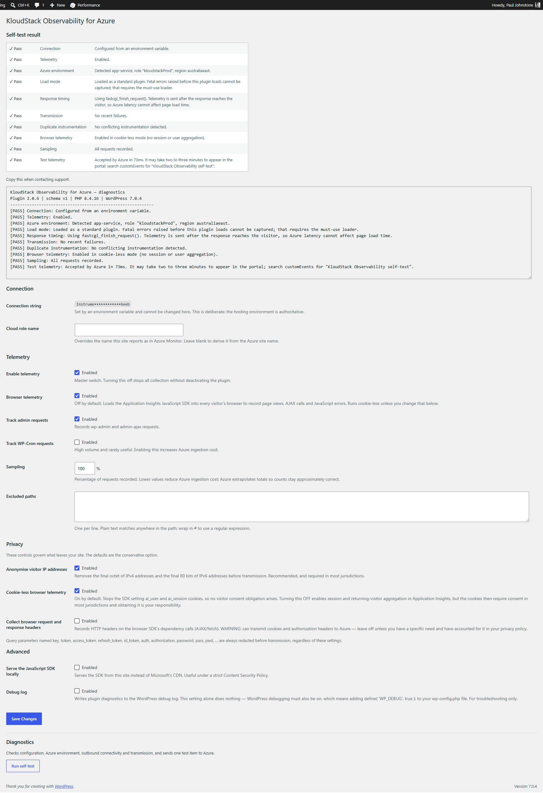 The built-in diagnostics self-test — checks configuration, the Azure environment, outbound connectivity and a live round-trip to Azure through the real transport path, with a copy-paste report for support.