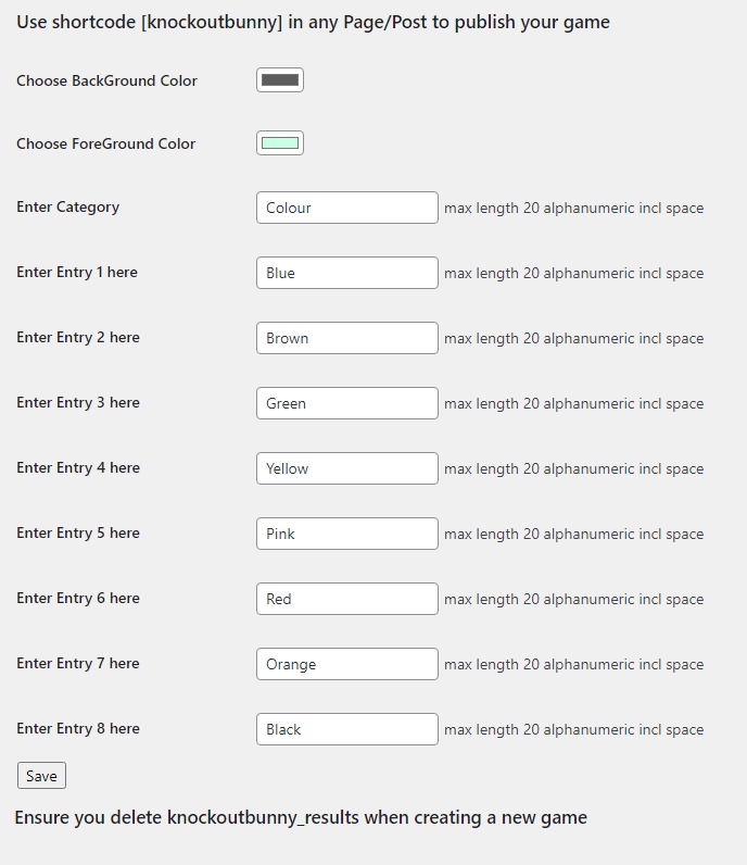Admin screen to create a game
