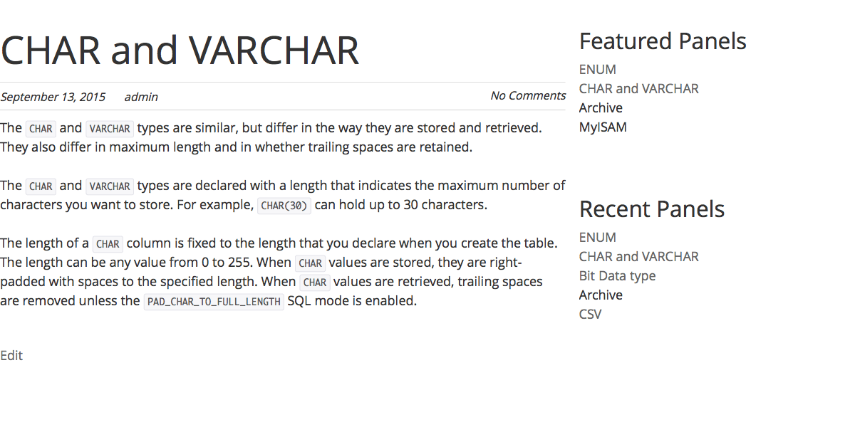 Knowledge base entries are organized under panels. Each knowledgebase entry resides in its own page.