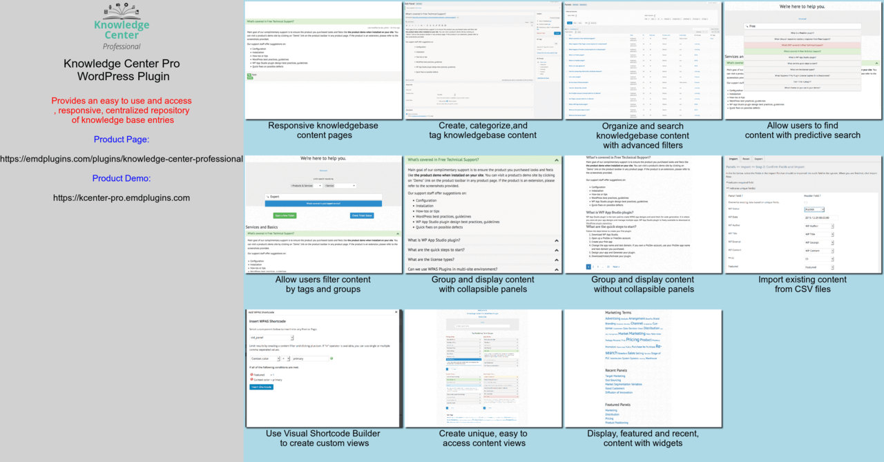 [Knowledge base - Knowledge Center Pro Edition](https://emdplugins.com/plugins/knowledge-center-wordpress-plugin/?pk_campaign=knowledge-center-com&pk_kwd=readme) - Advanced, responsive knowledge base solution for most organizations