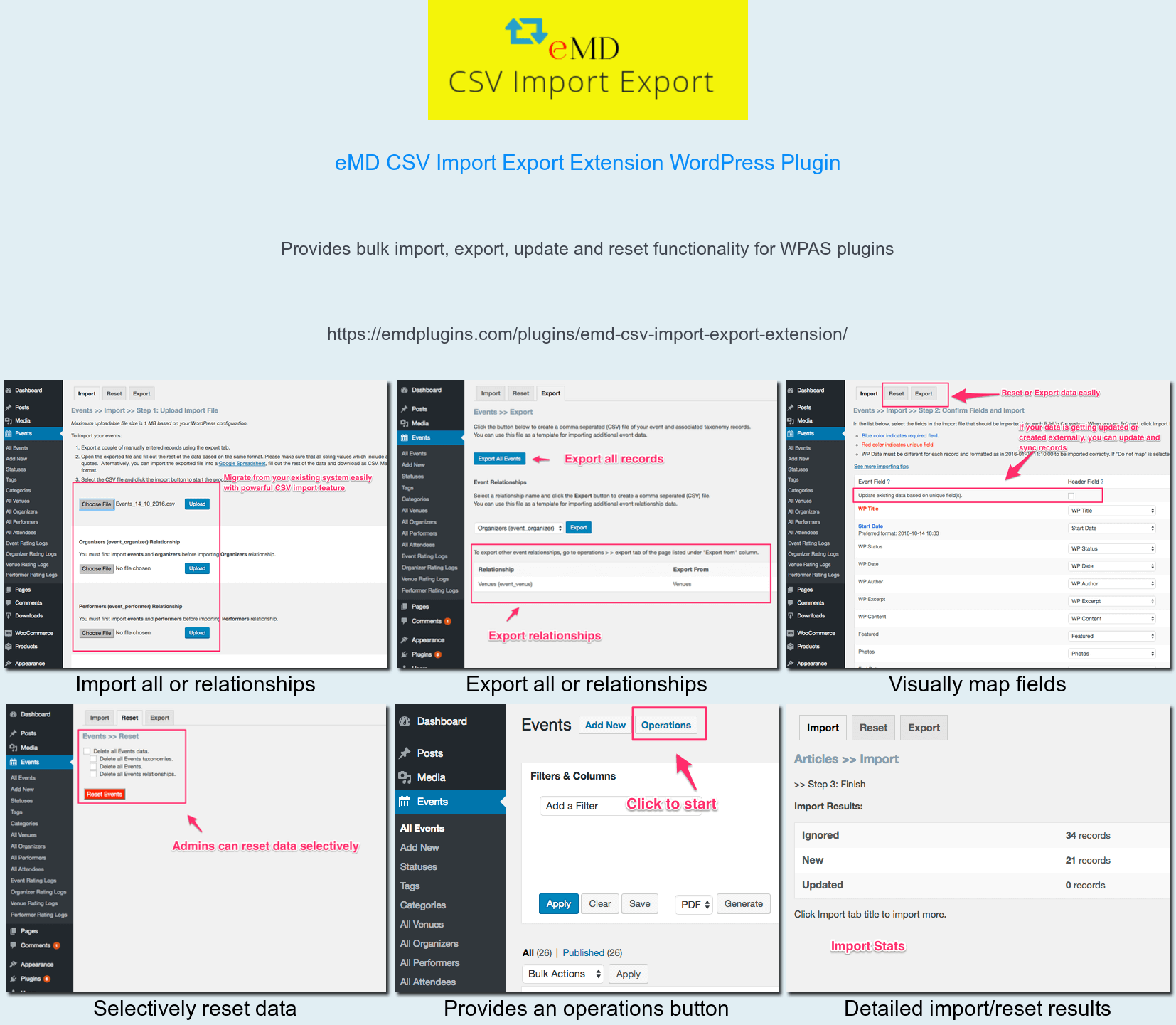 [EMD CSV Import Export](https://emdplugins.com/plugin-features/knowledge-center-importexport-addon/?pk_campaign=knowledge-center-com&pk_kwd=readme) - Bulk import/export/update/reset records from/to CSV files complying with plugin business and data integrity rules