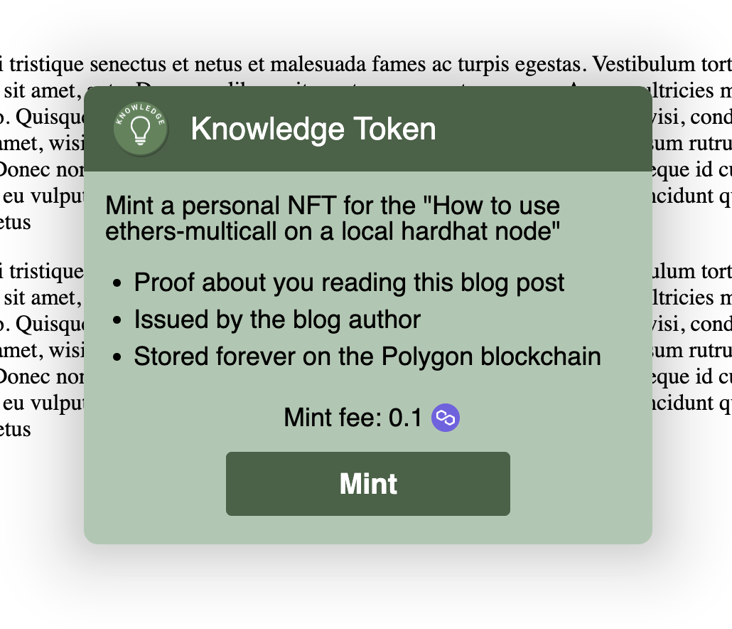 Layout of the Knowledge Token mint dialog.