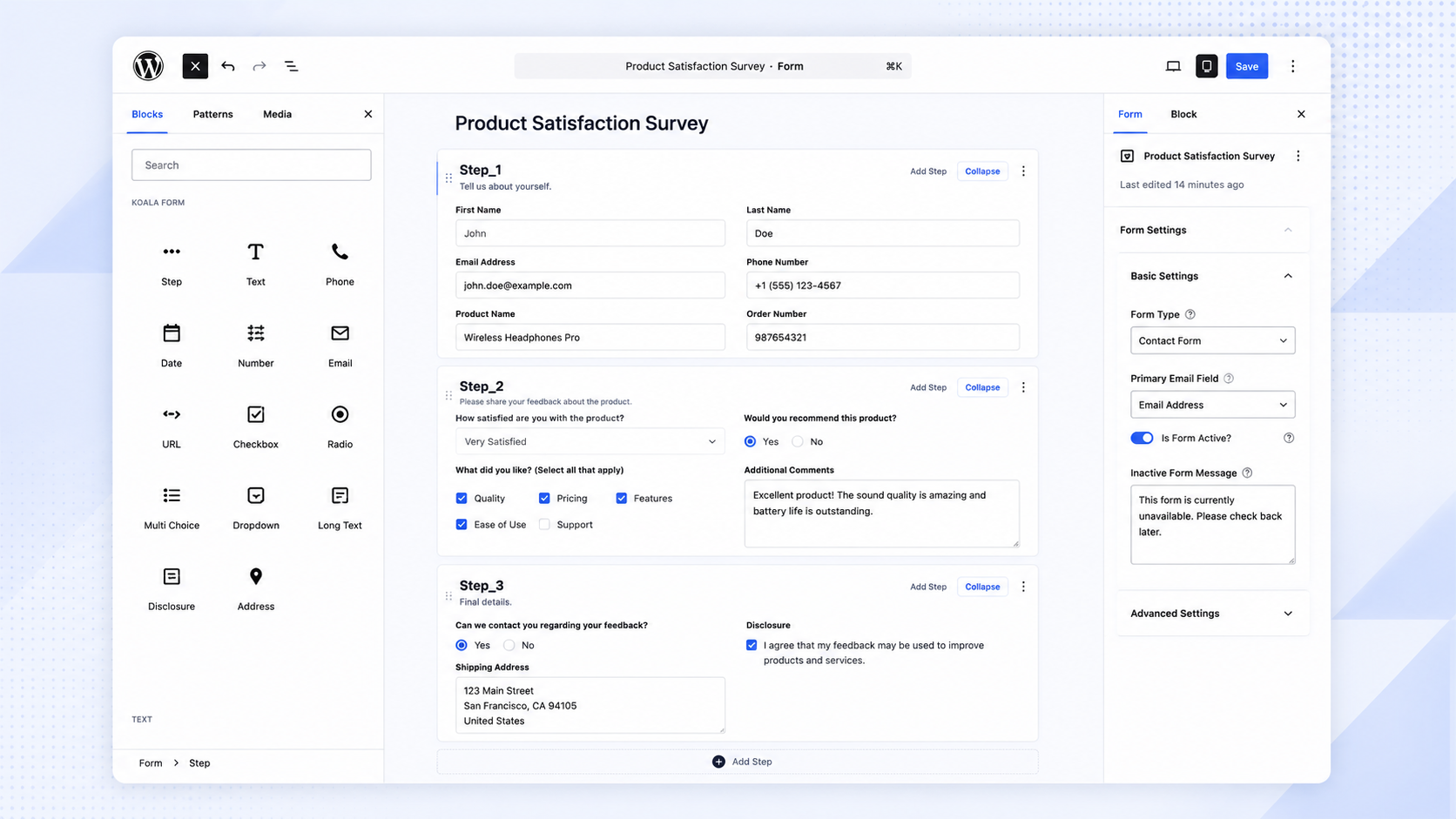 Building a form in the Gutenberg block editor — drag, drop, and publish.