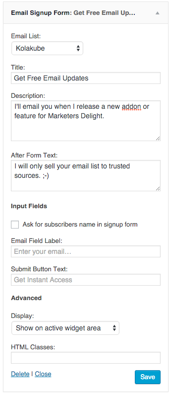 All of your email lists are available for your choosing in a select box, as well as some other personalization fields.