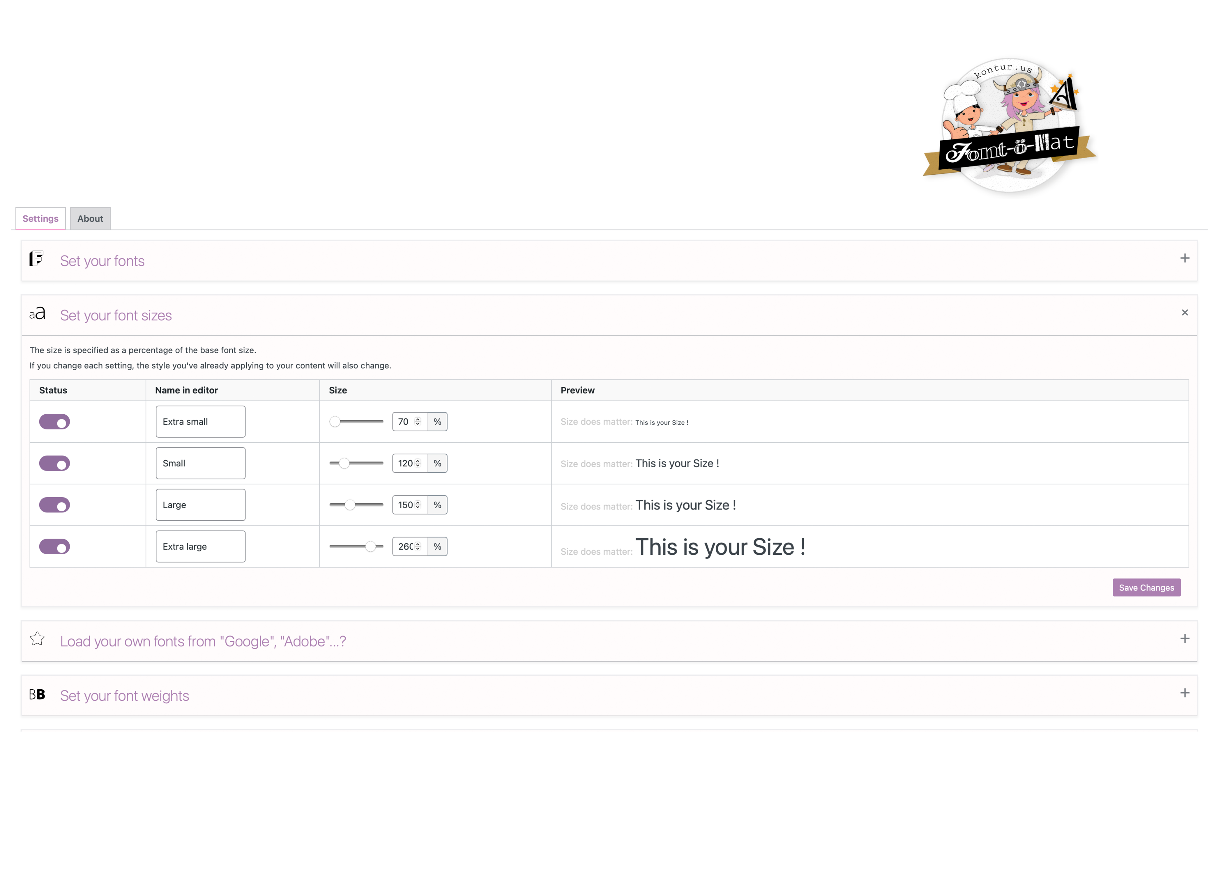 Settings page: Set our font sizes