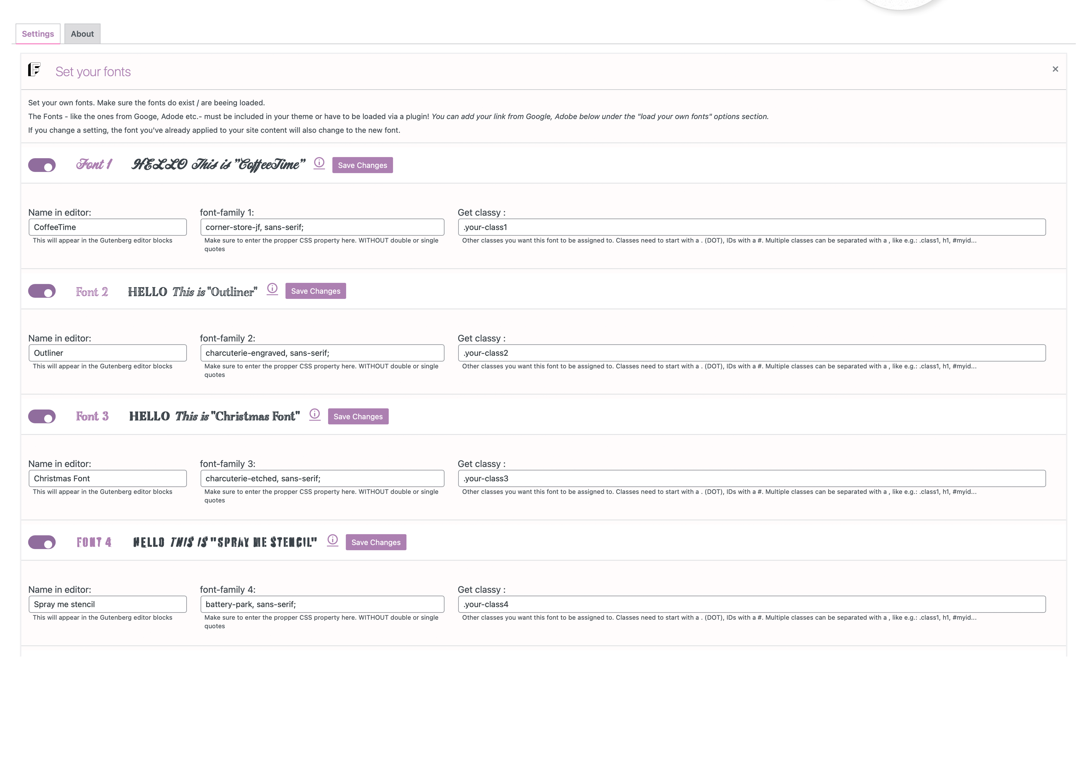 Settings page: Set up to 5 fonts