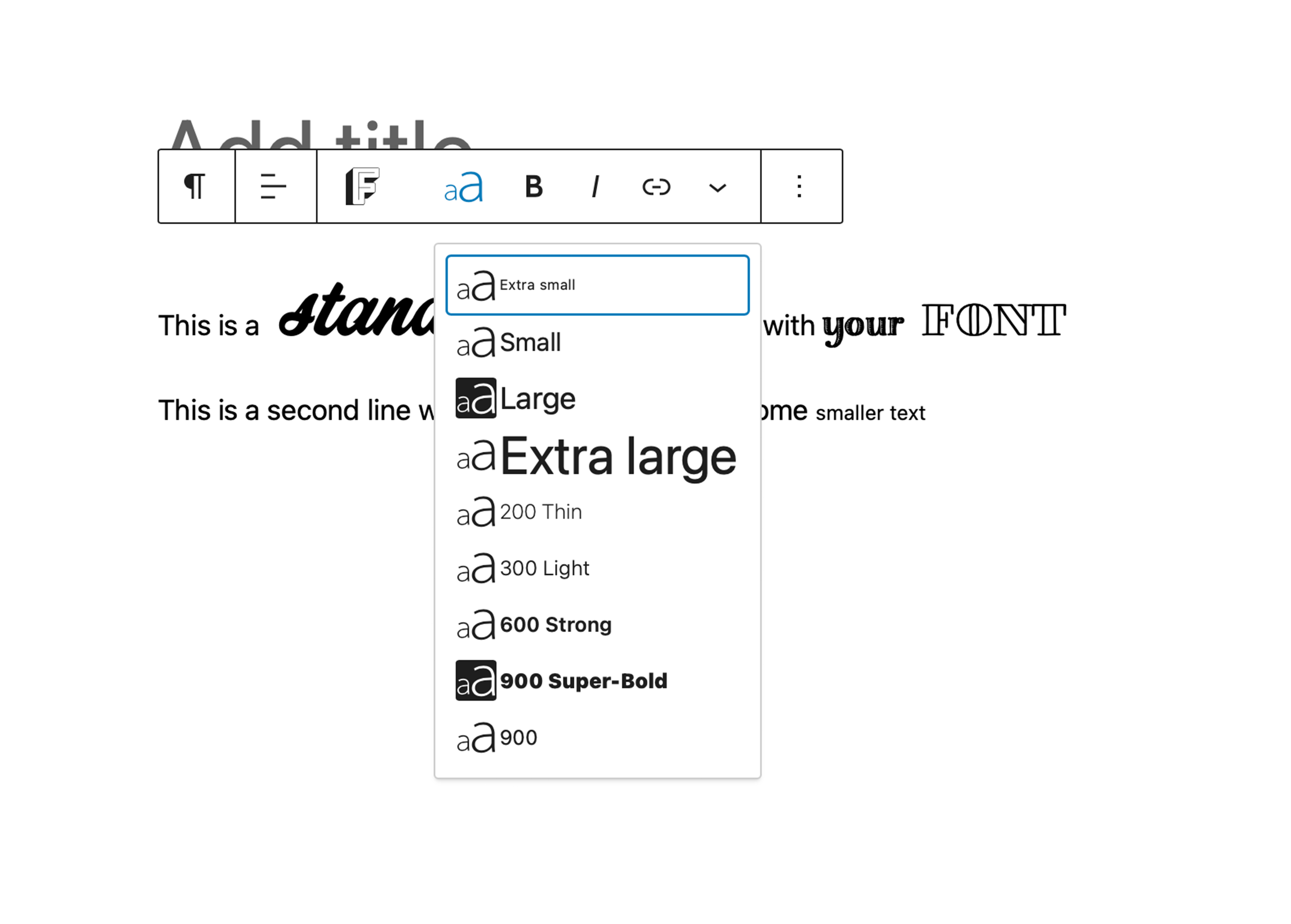 Gutenberg: Select font-size and font-weight. Both with your custom names.