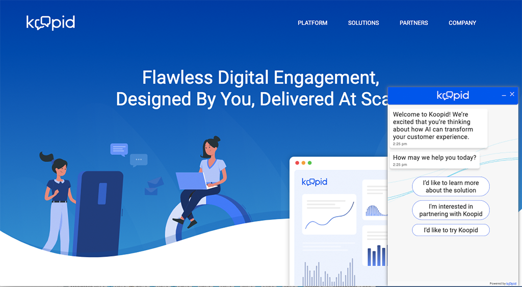 Launch the Koopid chatbot on a desktop web page from the icon in the lower right corner.
