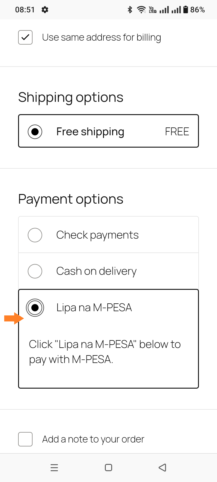 Lipa na M-PESA payment option displayed on the Block Checkout page.