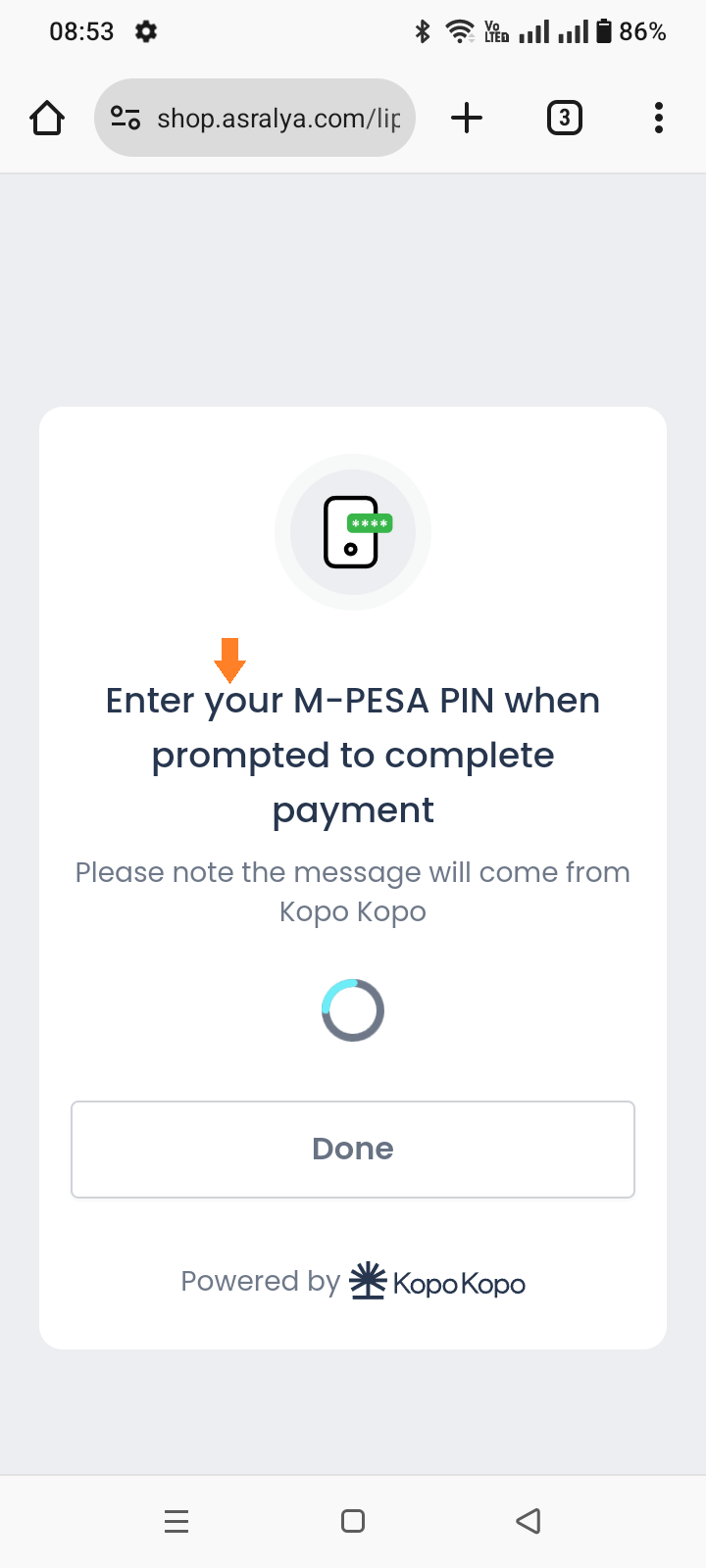 STK push prompt sent – awaiting customer confirmation.