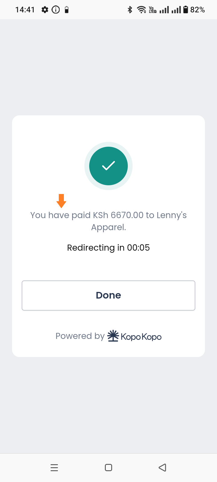 Successful payment confirmation screen.