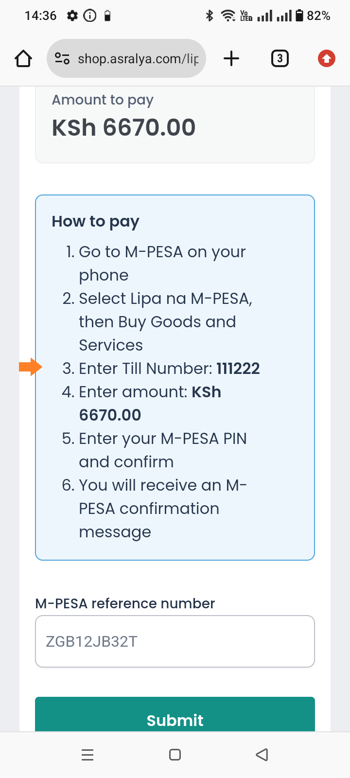 Manual Lipa na M-PESA payment via Till number.