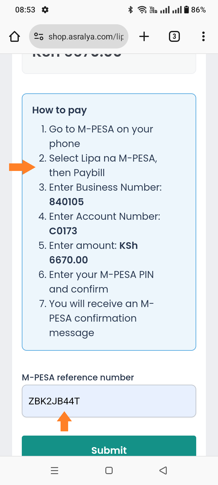 Manual Lipa na M-PESA payment via Paybill number.