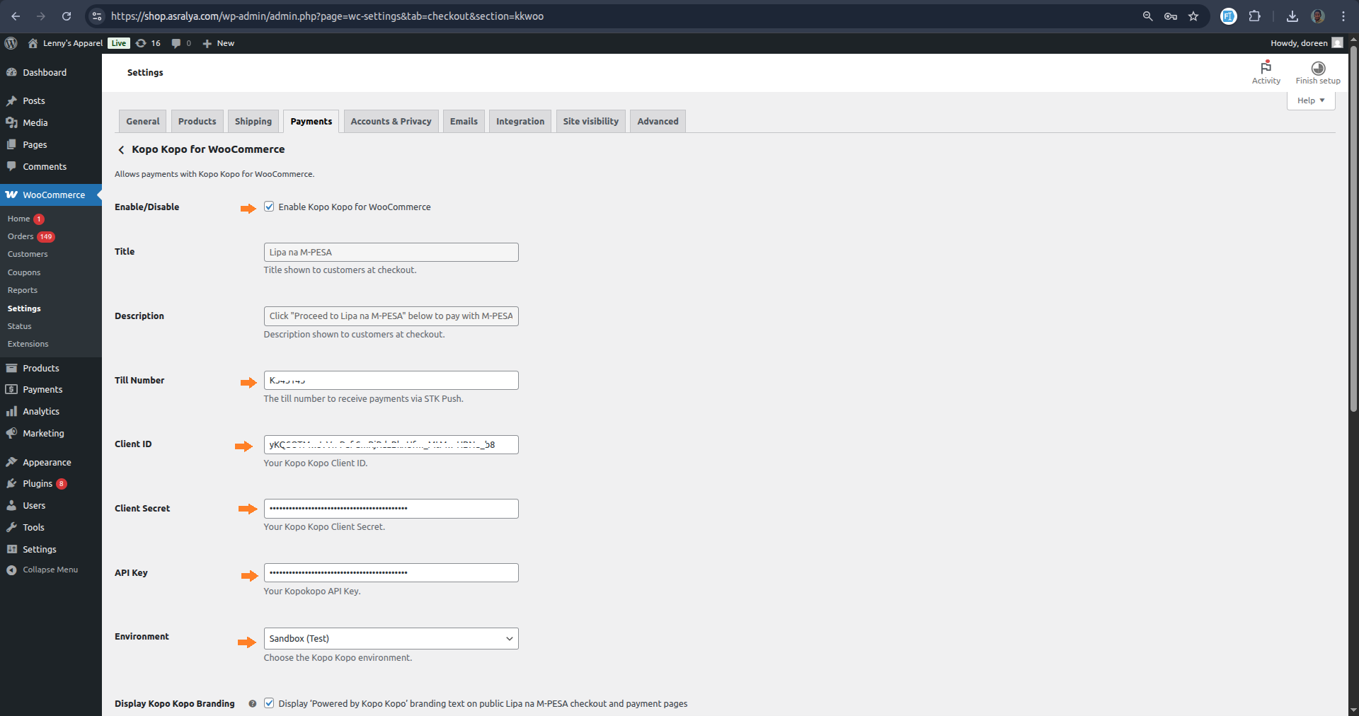 Lipa na M-PESA gateway settings configuration.