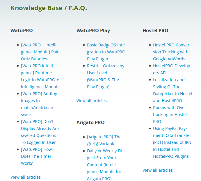 Example of knowledge base structured in 3 columns