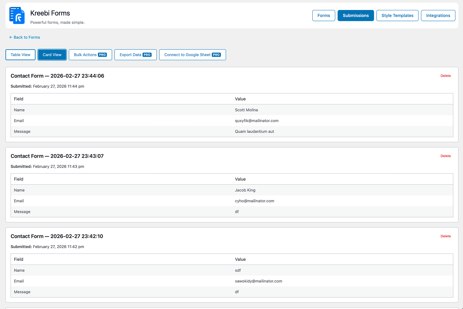 *Submission Page* – review, search and export all form entries right from the admin dashboard.