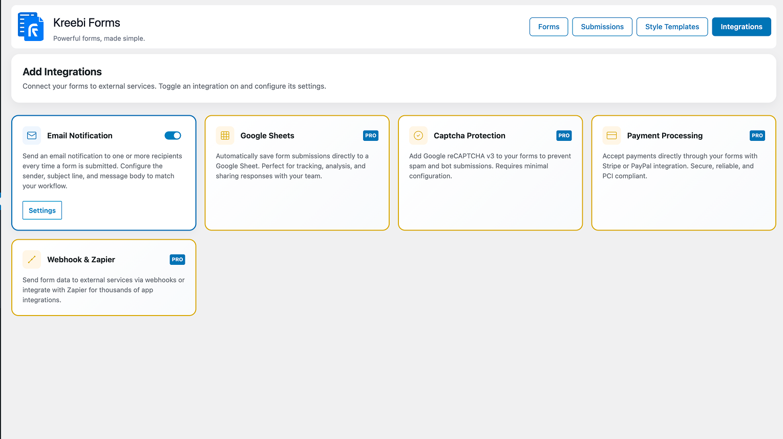 *Integrations Page* – connect fields to third‑party services like email, CRM, or webhooks with ease.