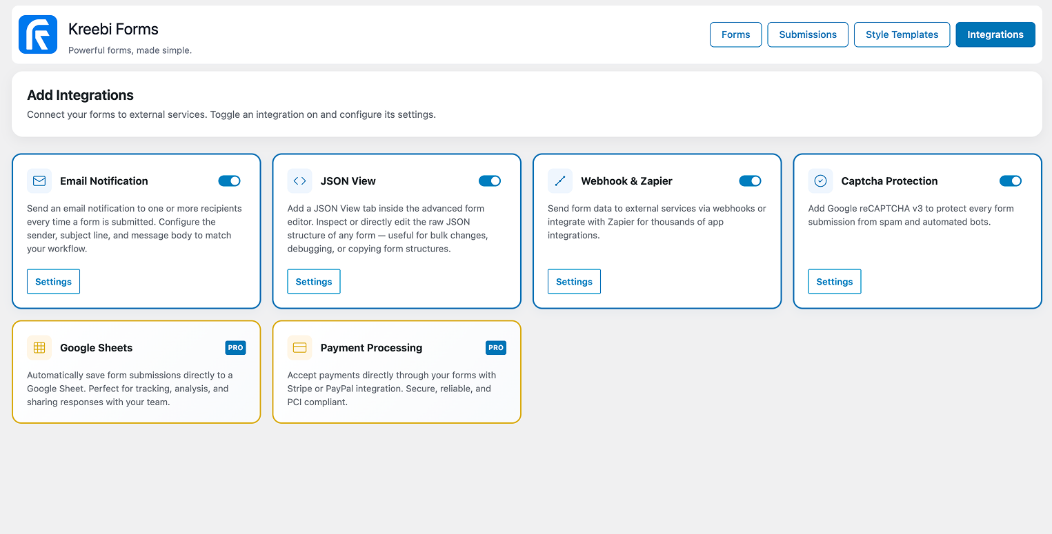 *Integrations Page* : connect fields to third‑party services like email, CRM, or webhooks with ease.
